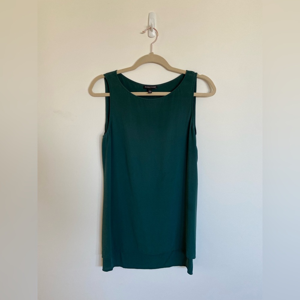 Eileen Fisher Silk Georgette Ballet Neck Tank in Teal Blue/Green, Size XS - Picture 3 of 8